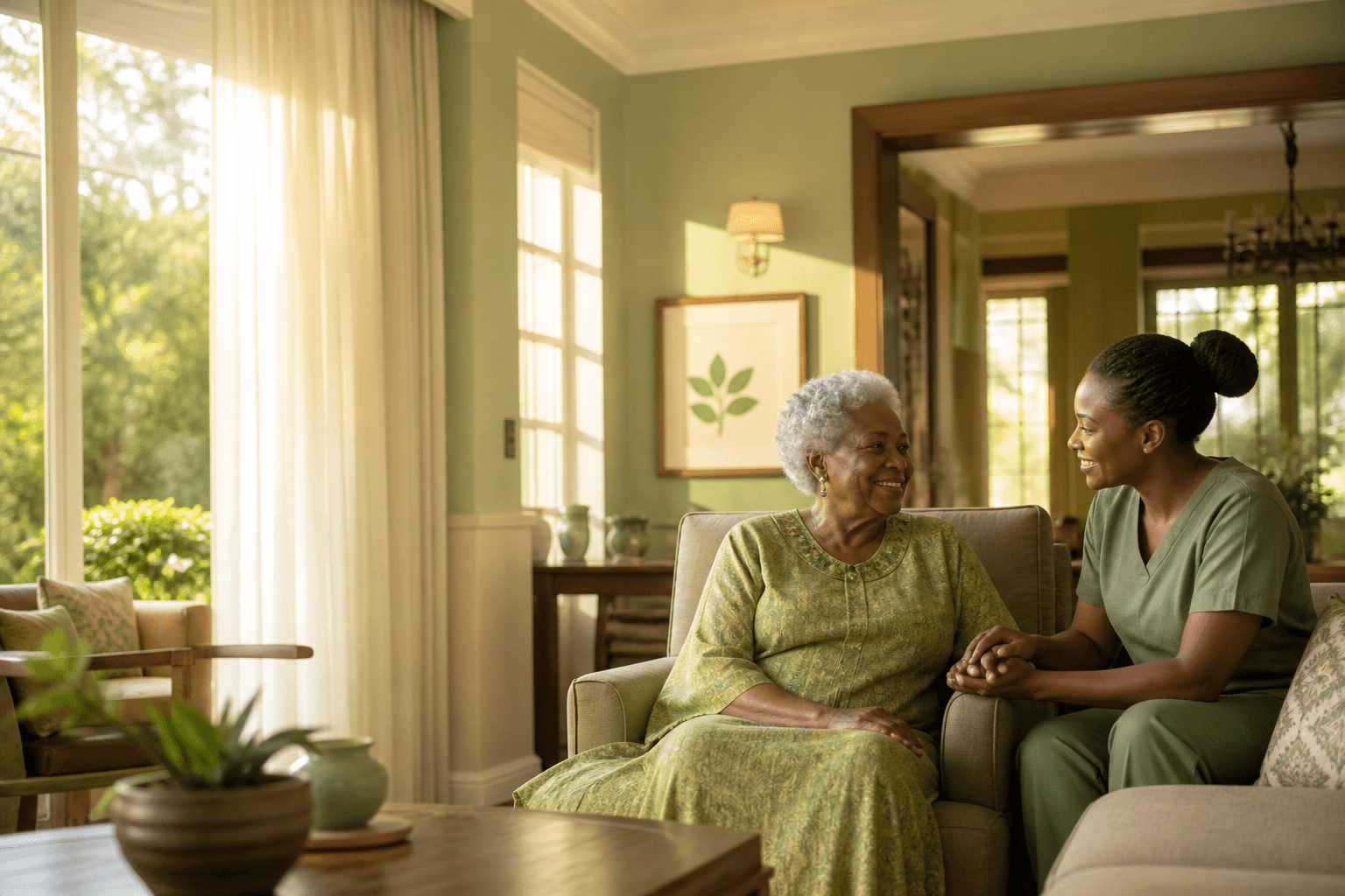 Resident and companion in a sunlit residence lounge