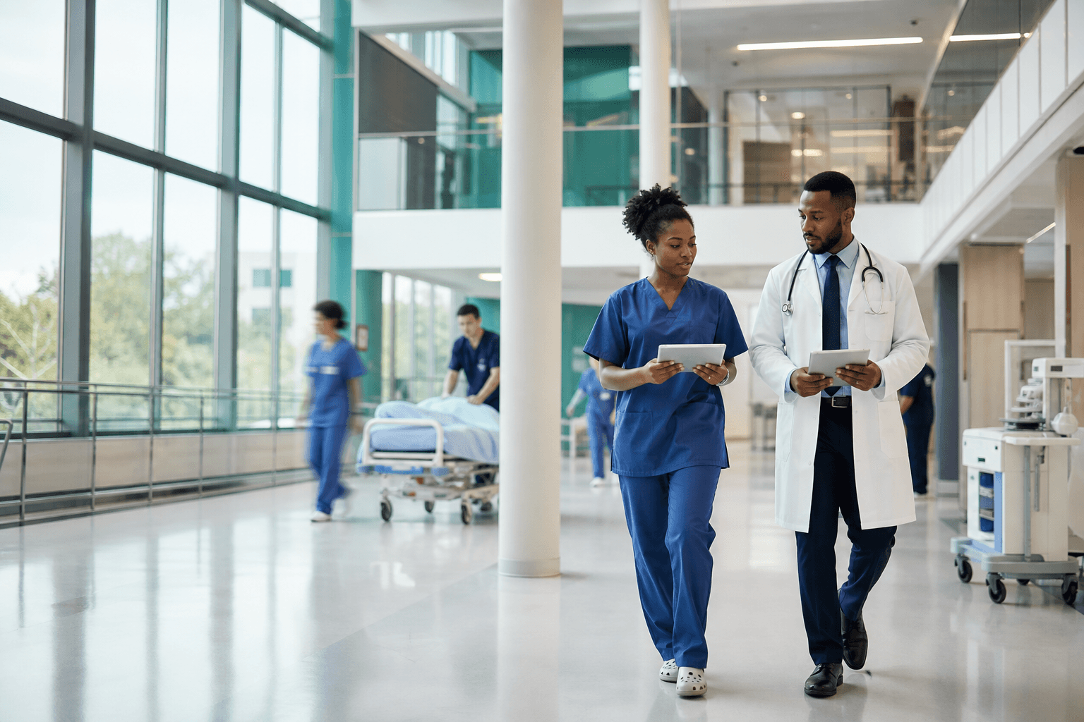 Physicians and nurses moving through a modern hospital corridor