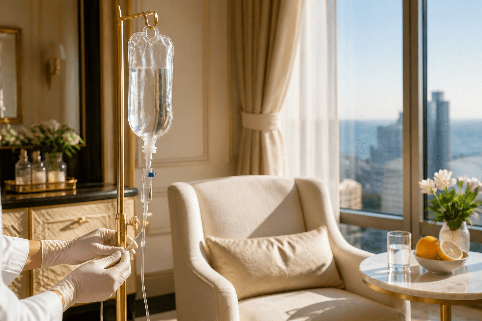 Concierge IV therapy set up in a residential suite